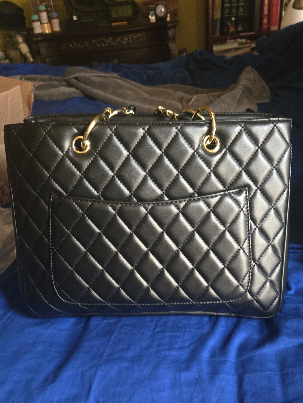Large Classic Quilted Tote Bag in Black with Gold Hardware